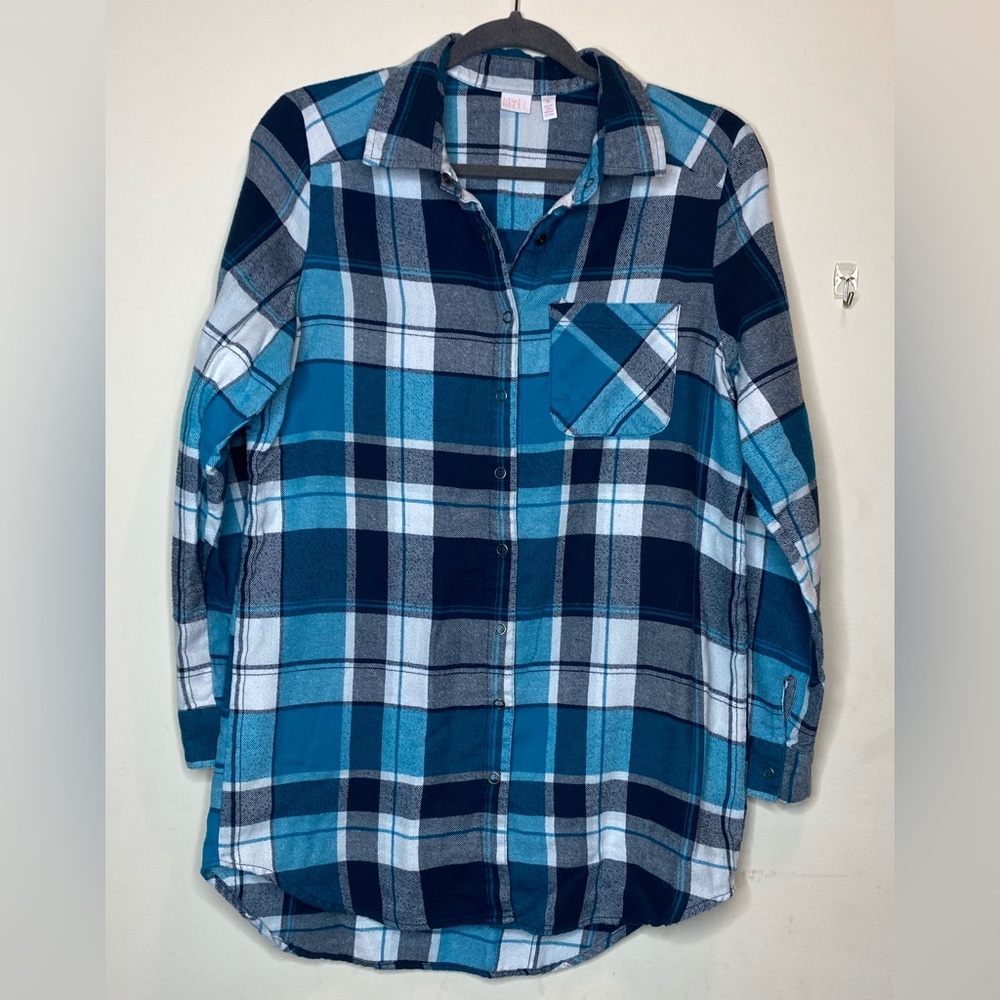 Make + Model Flannel button up Shirt Size XS Aqua Turquoise Blue Plaid Nordstrom